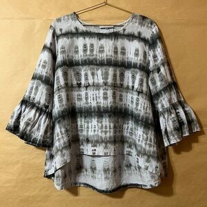 Bryn Walker Linen Fran Shirt Ruffle Bell Sleeve Popover Top Shibori Tie Dye Sz M
